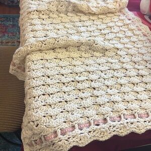 Handmade Cream Crochet Blanket with pink ribbon